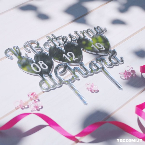 Cake topper Battesimo bambina, Personalizzato con cuore, data e Nome