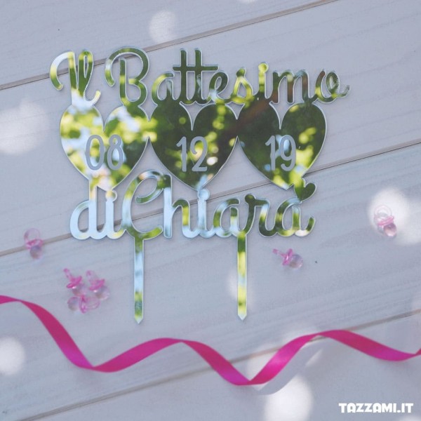 Cake topper Battesimo bambina, Personalizzato con cuore, data e Nome