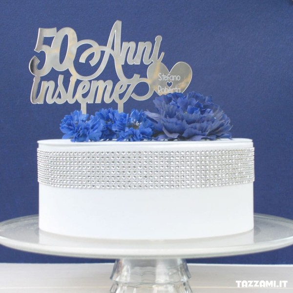 Cake Topper 50 Anni insieme, Personalizzato con incisione Nomi e cuore