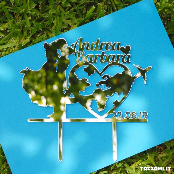 Cake topper Viaggio, personalizzato con Sposi, data Matrimonio e nomi