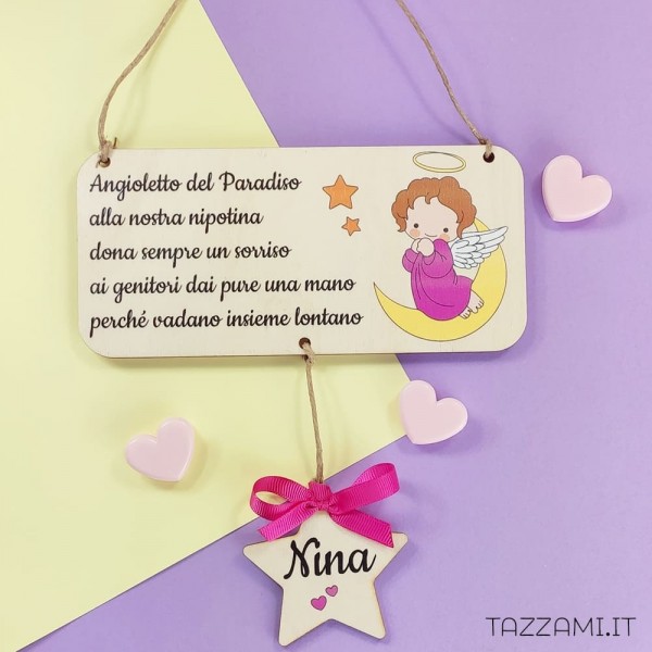 Targa angioletto e stella Personalizzata con testo e nome del Bambino