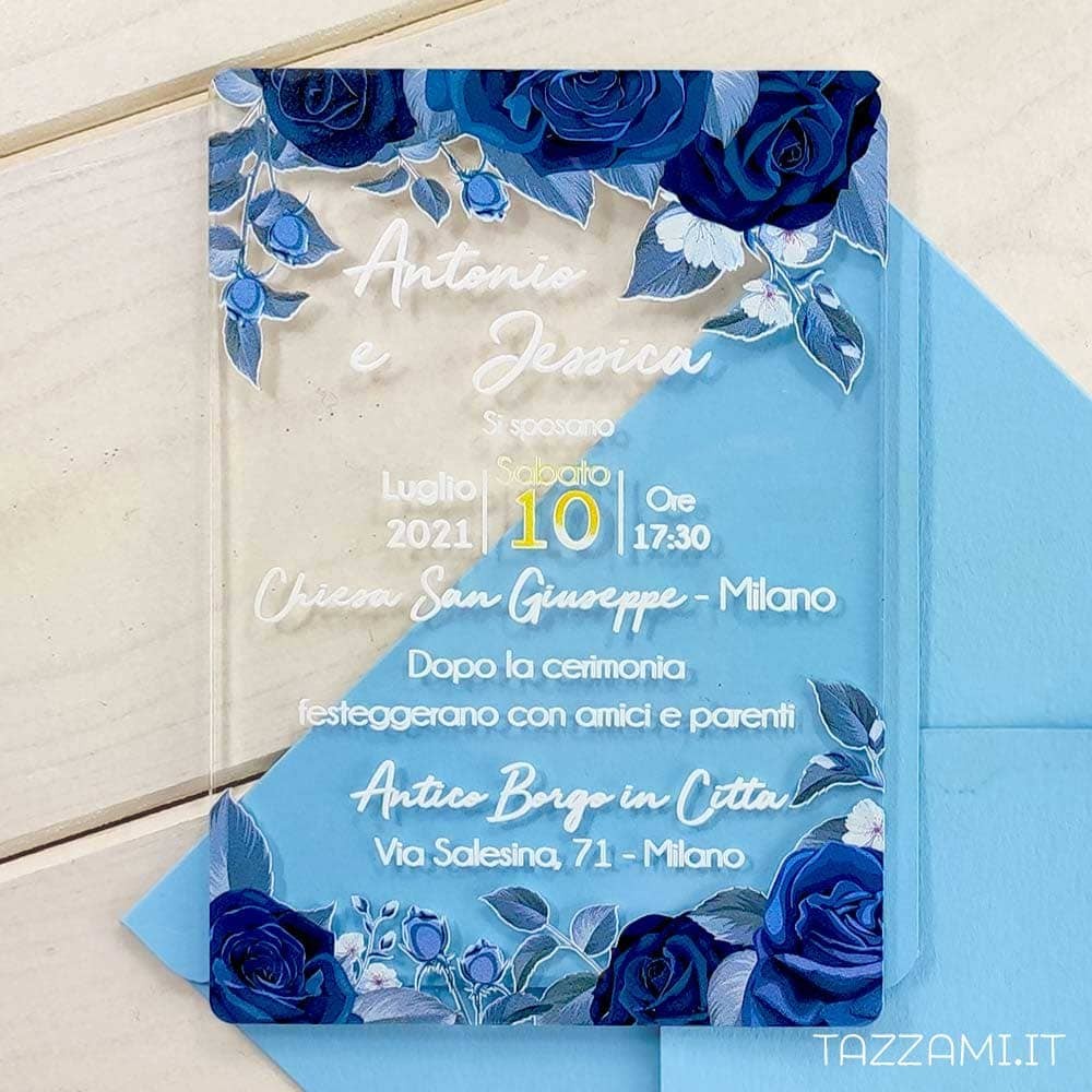 Partecipazione Matrimonio Con Eleganti Rose Di Colore Blu