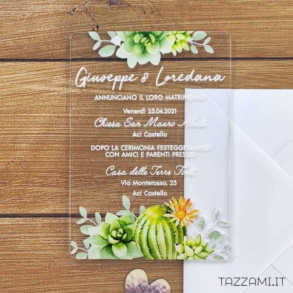 Partecipazione Matrimonio decorata con Piante Grasse dal colore Verde