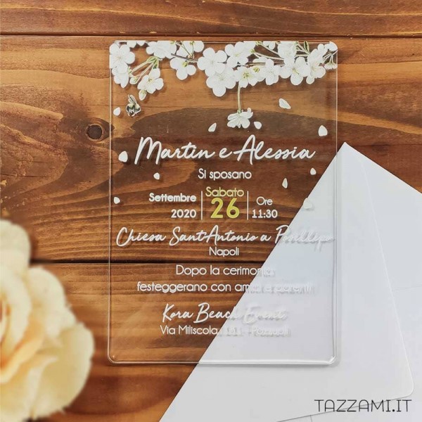Partecipazione da Matrimonio con Gelsomini bianchi in Plexiglass