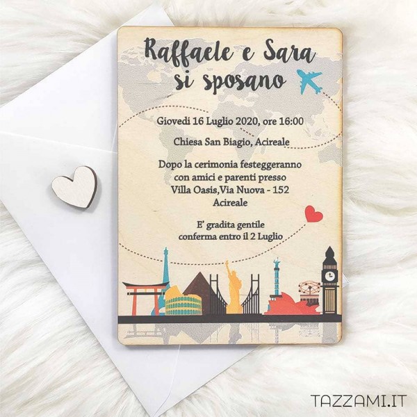 Partecipazione in legno Matrimonio tema Viaggio con icone di Città