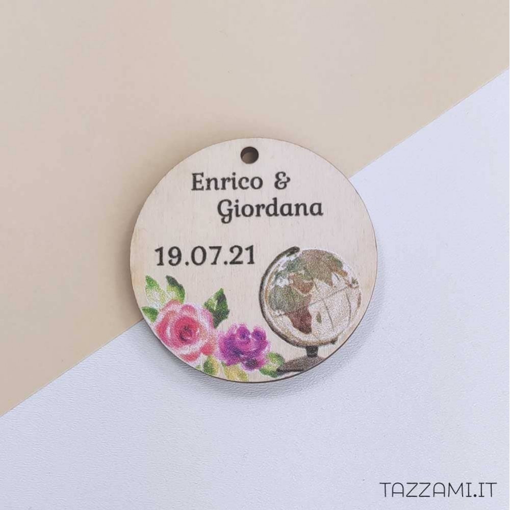 Tag Matrimonio Tema viaggio e fiori, personalizzato con Nomi sposi