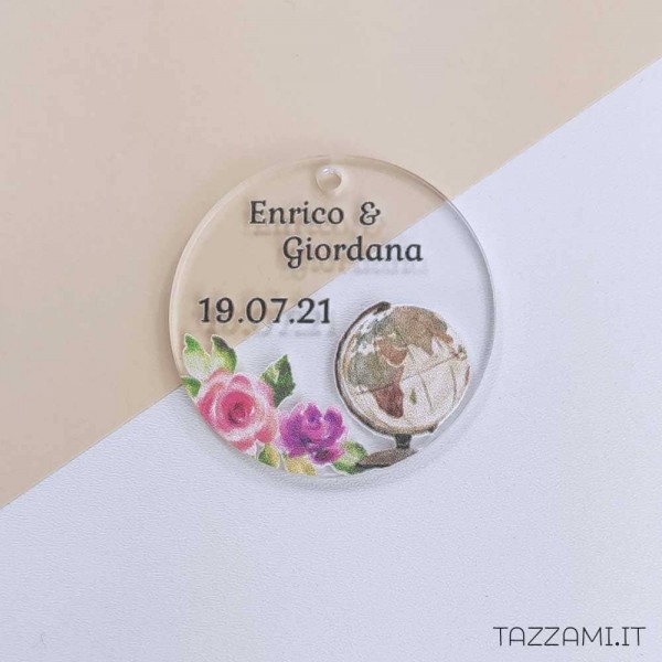 Tag Matrimonio Tema viaggio e fiori, personalizzato con Nomi sposi