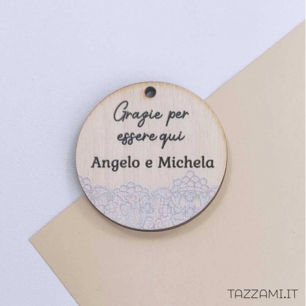 Tag Matrimonio con pizzo Bianco, personalizzato con Nomi sposi