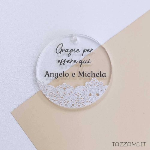 Tag Matrimonio con pizzo Bianco, personalizzato con Nomi sposi