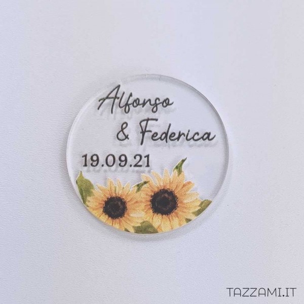 Tag Bomboniera Girasole colorato, personalizzato con Nomi sposi e data