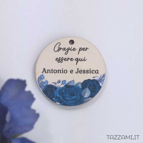 Tag Bomboniera Matrimonio con Rose Blu, personalizzato con Nomi sposi