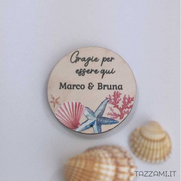 Tag Personalizzato con Nomi sposi e frase, tema mare con Conchiglia