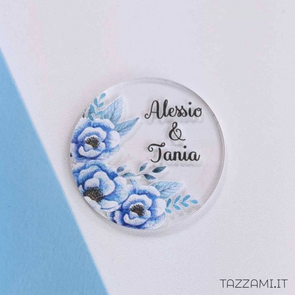 Tag Segnaposto Bomboniere Matrimonio fiori Blu Personalizzato con Nomi