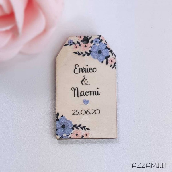 Tag Bomboniera con fiori Blu e Cipria Personalizzato con nomi Sposi