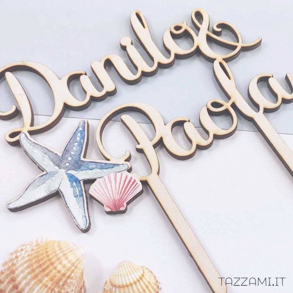 Cake topper Matrimonio, con Conchiglie tema Mare con Nomi sposi