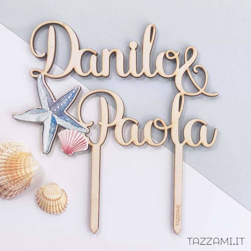 Cake topper Matrimonio, con Conchiglie tema Mare con Nomi sposi