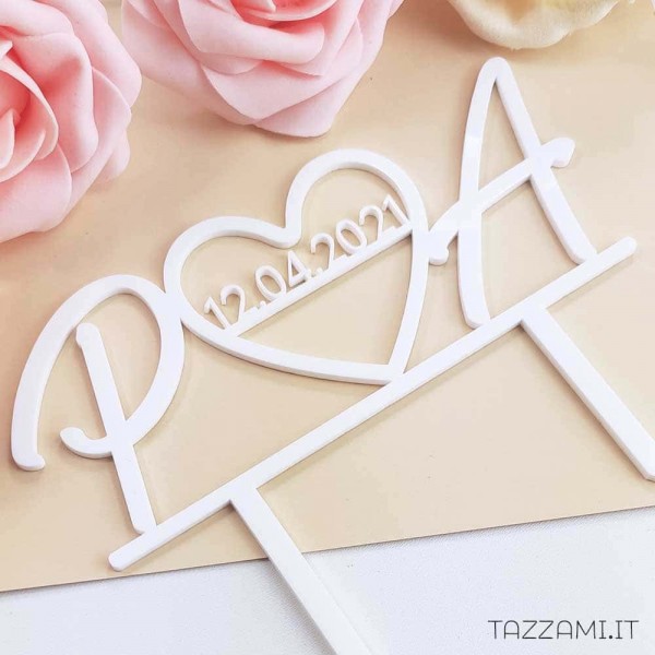 Cake topper Matrimonio, con Iniziali Sposi, cuore vuoto e Data nozze