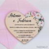 Partecipazione Matrimonio forma a Cuore legno e decorazione Floreale