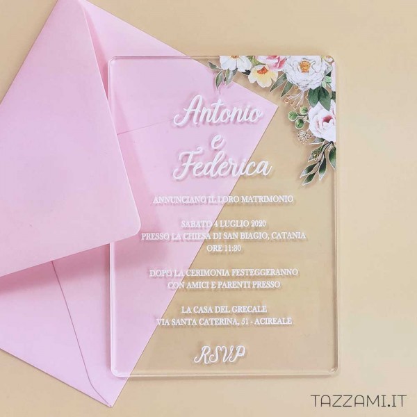 Partecipazione plexiglass Matrimonio con decorazione di delicati Fiori