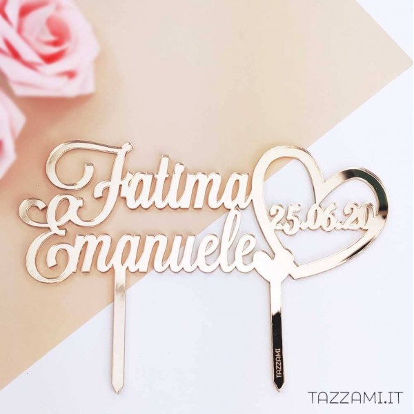 Cake topper Personalizzato con Nomi e Data all'interno di un cuore