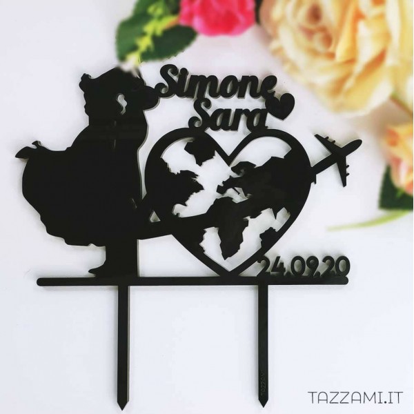 Cake topper Viaggio, personalizzato con Sposi, data Matrimonio e nomi