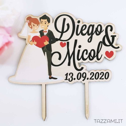 Cake topper Matrimonio, colorato con stampa di Sposi, cuori e Nomi