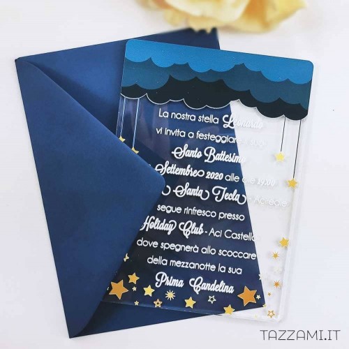 Invito per Battesimo con decorazioni di Stelle e nuvole Blu