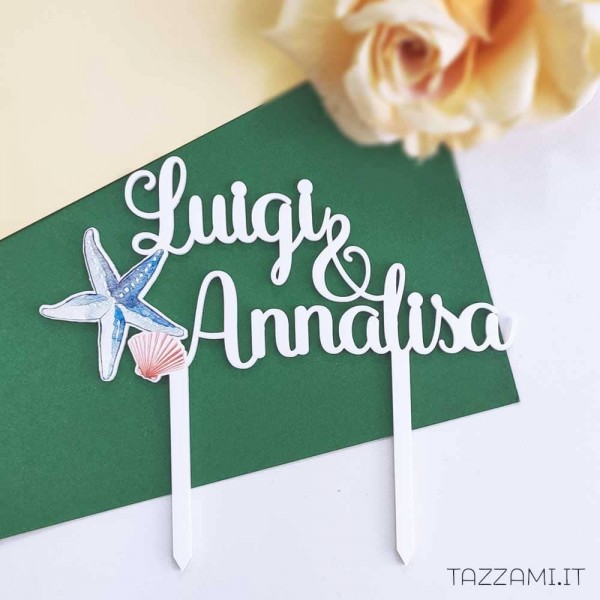 Cake topper Matrimonio, con Conchiglie tema Mare con Nomi sposi