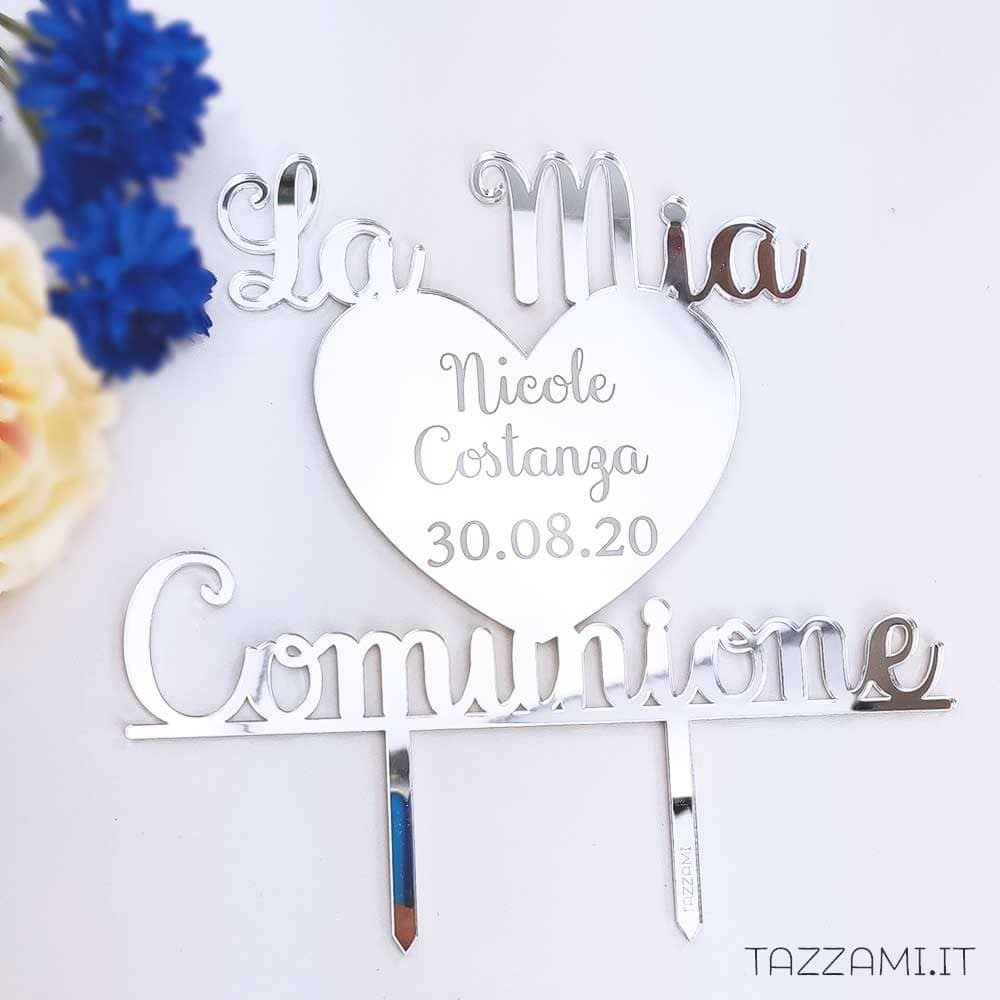 Cake topper Comunione, Personalizzato con Nome e Data dentro un cuore