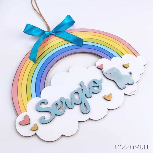 Arcobaleno decorativo con Elefante e Nome personalizzato del Bambino