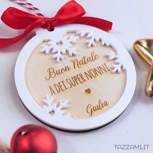 Pallina Natale, legno e plexiglas con ghiaccio e dedica Personalizzata