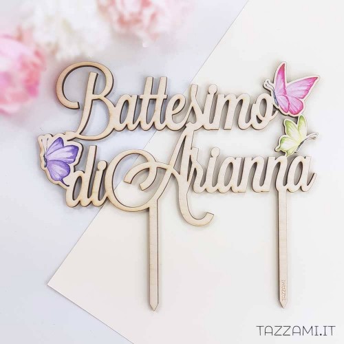 Cake topper colorato da Battesimo, Personalizzato con Nome e Farfalle