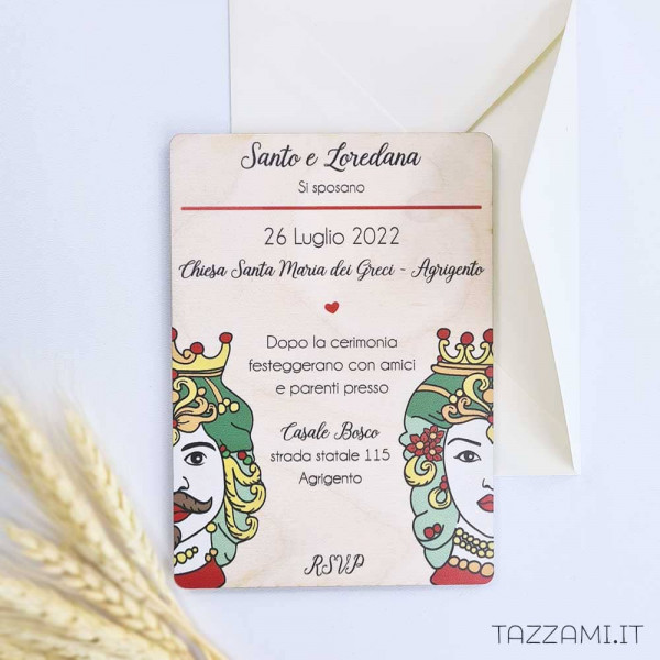 Partecipazione legno Matrimonio tema Sicilia teste di Moro colorate