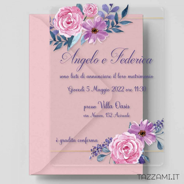 Partecipazione Plexiglass Matrimonio con Peonie dalle tonalità Viola