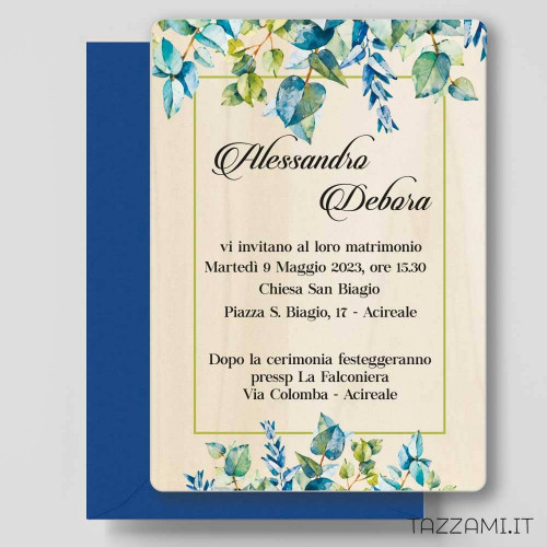 Partecipazione matrimonio con decoro di foglie e tonalità del verde