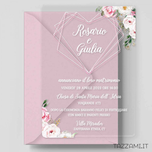 Partecipazione Plexiglass Cuore rosa geometrico, fiori e nomi Sposi