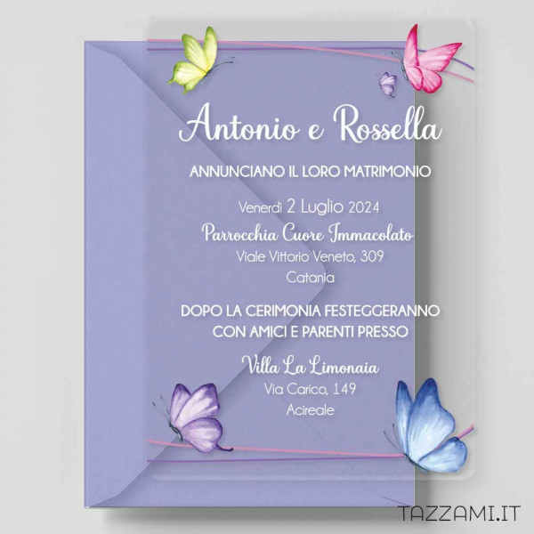 Partecipazione plexiglass Matrimonio con stampa di eleganti Farfalle