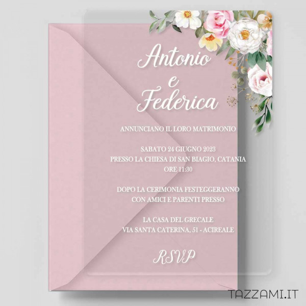 Partecipazione plexiglass Matrimonio con decorazione di delicati Fiori