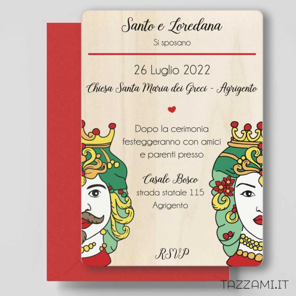 Partecipazione legno Matrimonio tema Sicilia teste di Moro colorate