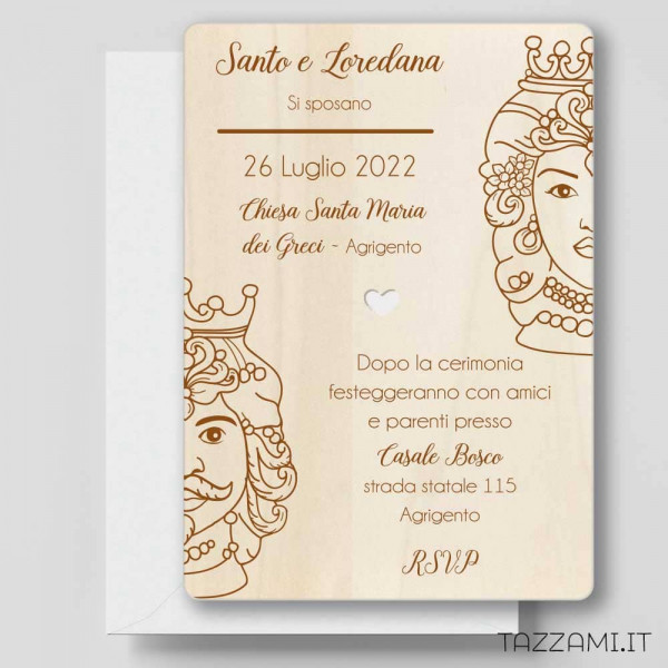 Partecipazione Matrimonio legno tema Sicilia con Teste di Moro incise