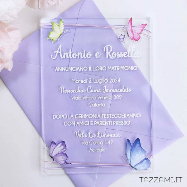 Partecipazione plexiglass Matrimonio con stampa di eleganti Farfalle