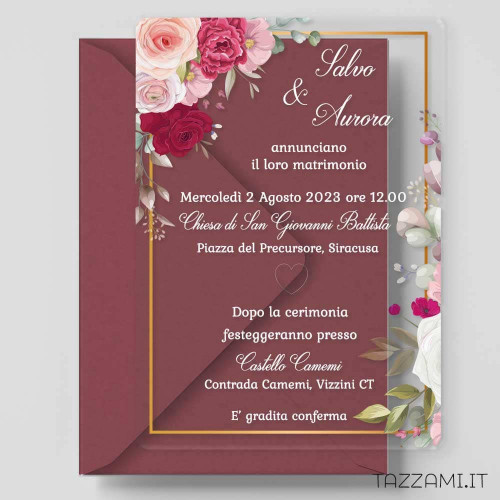 Partecipazione in plexiglass matrimonio con elegante disegno floreale