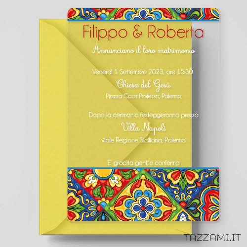 Partecipazione matrimonio tema Sicilia con mattonelle colorate