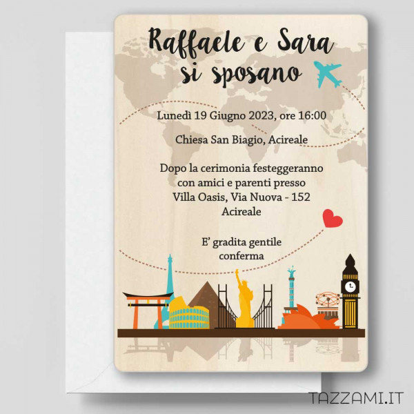 Partecipazione in legno Matrimonio tema Viaggio con icone di Città