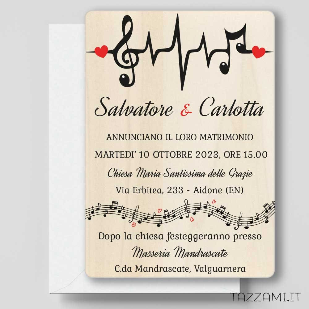 Partecipazione in legno da Matrimonio con tema Musica e note