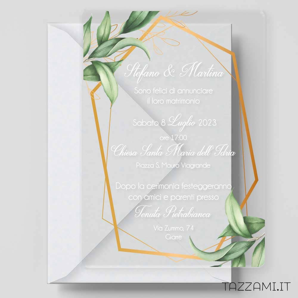 Partecipazione plexiglass Matrimonio con Foglie verdi e cornice Oro