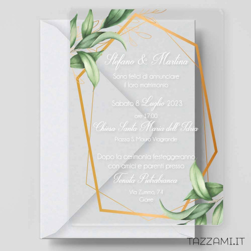 Partecipazione plexiglass Matrimonio con Foglie verdi e cornice Oro