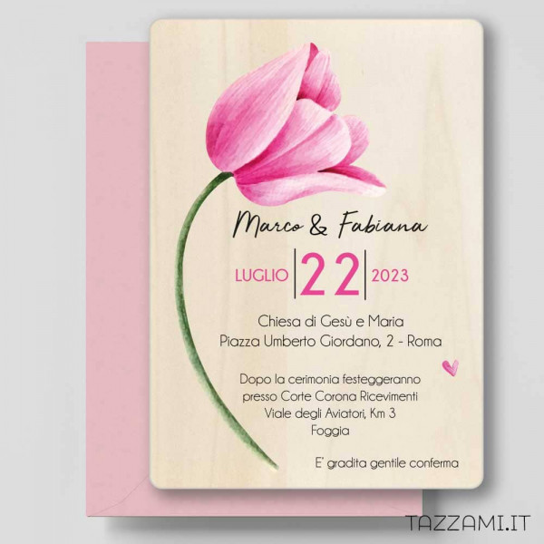 Partecipazione in Legno per Matrimonio con Tulipano rosa