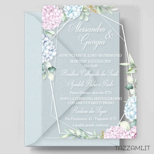 Partecipazione Plexiglass Matrimonio con Ortensie rosa e azzurre