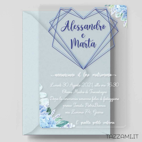 Partecipazione Plexiglass Cuore azzurro geometrico, fiori e nomi Sposi